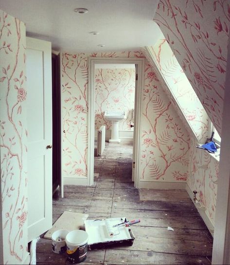 Rosanna Bossom Ltd on Instagram: “Lewis & Wood - Jasper Peony taking you from Dressing Room to Bathroom... 🌸🌷 . . . . #wallpaper #interiordesign #lewisandwood…” Jasper Peony Wallpaper, Wallpaper Dressing Room, Wood Panneling, Mural Inspiration, Walk In Closet Design, Peony Wallpaper, Attic Bedroom, Attic Rooms, Wood Wallpaper