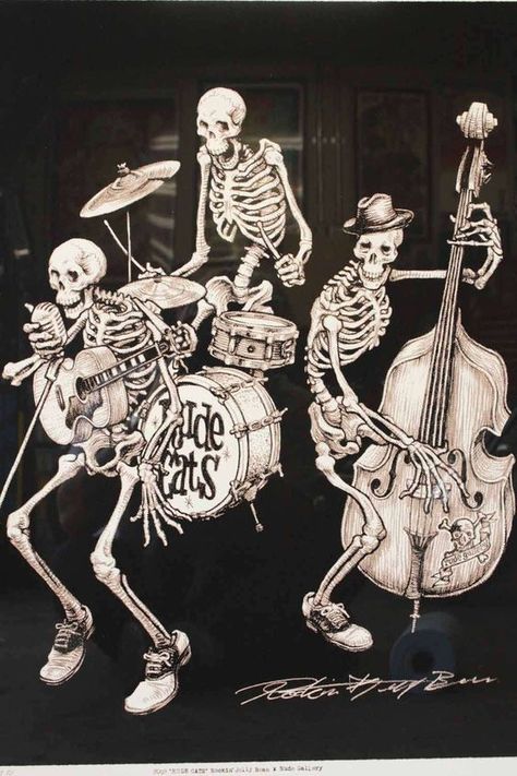 Awesome skeleton band art piece!   Music | Decor | Modern Decor | Art | Wall Art Skeleton Art, Music Decor, Skeletal, Skull And Bones, Skull Art, Horror Art, Halloween Art, 그림 그리기, Vintage Halloween