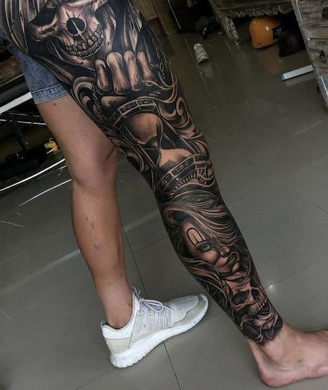 40 Tattoo, Mangas Tattoo, Best Leg Tattoos, Chicano Tattoos Sleeve, Full Leg Tattoos, Skull Sleeve Tattoos, Gangsta Tattoos, Skull Sleeve, Men Tattoos Arm Sleeve