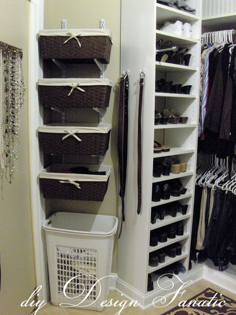 Organized Master Bedroom Closet - love the baskets for small delicates (I can do a bookcase behind the door for shoes. Really need that! Shallow Shelves, Beautiful Closets, Organization Inspiration, Master Closet, Closet Bedroom, Closet Ideas, Organizing Ideas, Wall Mounting, Baskets On Wall