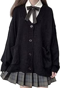 TXYJJP Womens Japanese Cute Kawaii Knitted Cardigan Sweater Cosplay Long Sleeve Button Down JK School Uniform Jacket School Japanese Uniform, Cardigan Black Outfit, Japanese School Outfits, Crochet Black Sweater, Kawaii School Uniform, Cute School Uniform, Black Cardigan Outfit, Jackets Cute, School Cardigan