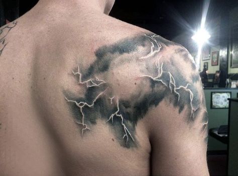 Masculine Mens Lightning Tattoos On Shoulder Lighting Storm Tattoo, Lightning Tattoos, Cloud Tattoos, Storm Tattoo, Lightning Bolt Tattoo, Lightning Tattoo, Bolt Tattoo, Tattoo Shoulder, Mens Shoulder Tattoo