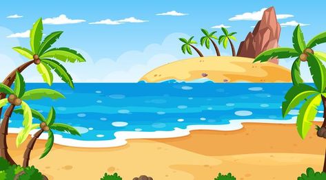 Tropical beach scene with many palm tree... | Free Vector #Freepik #freevector #tree #water #cartoon #beach Thumbprint Painting, Water Cartoon, Beach Cartoon, Beach Clipart, Tree Day, Border Clipart, Scene Background, Dieter Rams, Beach Background