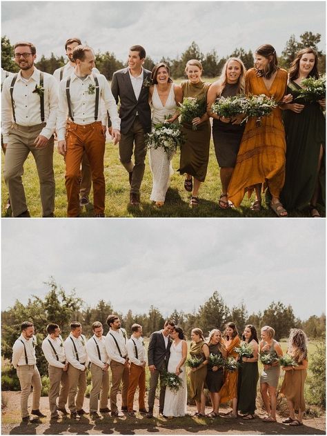 Mix And Match Bridal Party, Non Matching Bridal Party, Bridemades Photo Ideas, Multi Colored Bridesmaid Dresses Fall, Mismatched Bridal Party Groomsmen, Autumn Bridal Party, Earth Tone Wedding Party, Earth Tone Groomsmen, Earth Tone Bridesmaid Dresses Mismatched