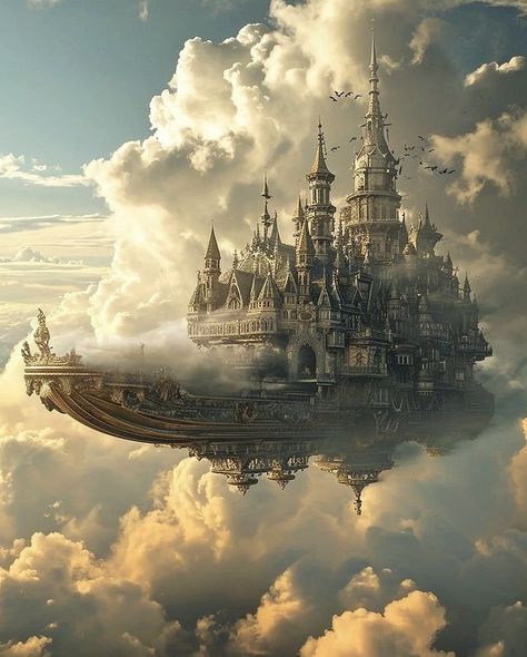 Cyberpunk Castle, Ghost Ship Art, Sky Temple, Cloud Castle, Cloud Giant, Steampunk Ship, Enchanted Castles, Castle Project, Steampunk Crafts