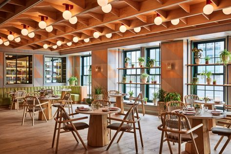 abcV | NYC Tourism Tin Building, Most Beautiful Restaurants, Leather Banquette, Beautiful Restaurants, Nomad Hotel, Restaurants In New York, Roman And Williams, Terrazzo Floors, Linen Lights