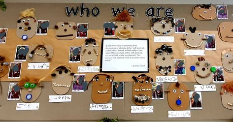 Who we are. Our self portraits this term. From cardboard cutouts and natural and recyclable looseparts. #whoweare #selfportraits #portraits… Reggio Inspired All About Me, Self Portrait Display Eyfs, Reggio Inspired Self Portraits, Loose Parts Self Portraits, Self Portrait Loose Parts, Reggio Emilia Self Portraits, Who We Are Pyp Activities, Reggio Self Portraits All About Me, Reggio Emilia Preschool