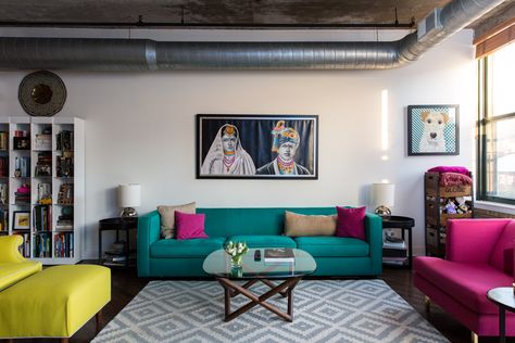 Chicago Loft Apartment, Living Room White Walls, Jewel Tone Living Room, Jewel Tone Decor, White Walls Living Room, Chicago Lofts, Color House, Rustic Loft, Color Decor