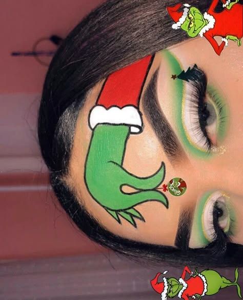 Dramatic Christmas Makeup, Christmas Makeup Looks Creative, Simple Grinch Makeup, Grinch Inspired Makeup, Grinch Makeup Looks, Creative Christmas Makeup Looks, Turkey Makeup, Holiday Makeup Christmas, Disney Eye Makeup