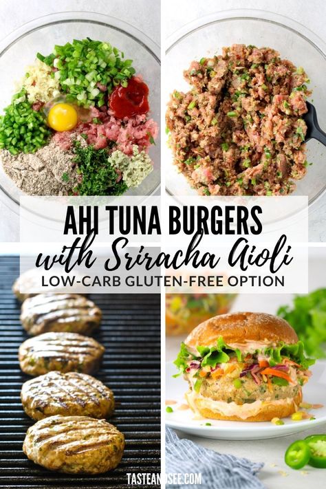 Ahi Tuna Burgers with Sriracha Aioli - So hearty and bursting with delicious Asian flavors! An amazing alternative to regular burgers. #TasteAndSee Ahi Tuna Ideas, Fresh Tuna Recipes Grilled, Ahi Tuna Burger Recipes, Fresh Tuna Burger Recipes, Tuna Steak Burgers, Tuna Burger Recipes, Ahi Burger, Grilled Ahi Tuna Recipe, Ahi Tuna Recipes