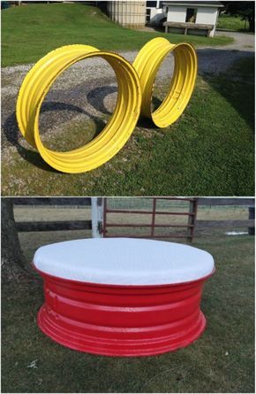 DIY Tire Rim Patio Ottoman Repurpose Tire Rims, Old Tire Rims Ideas, Upcycle Car Parts, Old Rims Ideas Diy, Wheel Rim Ideas, Tire Rims Projects, Car Rims Ideas Diy, Rooftop Ideas, Repurposed Tire