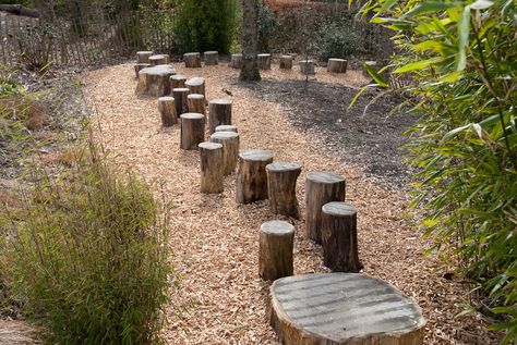 Log Stepping Stones, Kids Garden Play Area, Natural Playground Ideas, Natural Play Spaces, Underlights Hair, Backyard Kids Play Area, Playground Ideas, Diy Playground, Sensory Garden