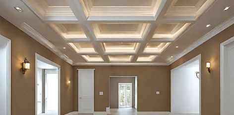 Coffered false ceiling with cove lighting for foyer Cove Lighting Ceiling, False Ceiling Designs, Crockery Unit Design, Crockery Unit, Budget Interior Design, Study Room Design, Modular Kitchen Designs, Cove Lighting, Hallway Designs