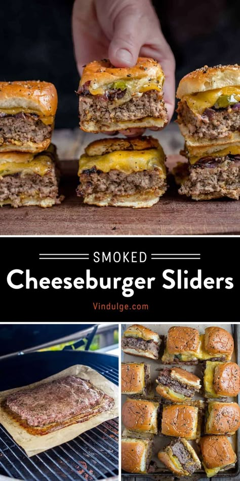 Smoked Food For Party, Smoked Slider Recipes, Smoked Food For A Crowd, Grilled Cheeseburger Sliders, Smoked Hamburger Recipes, Smoked Ground Beef Recipes, Smoked Sandwiches, Sliders On The Grill, Smoked Cheeseburgers