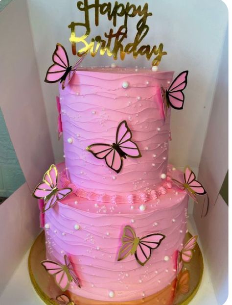 Pink Birthday Cake Butterflies, Pink Birthday Cake With Butterflies, One Tier Butterfly Cake, Butterfly Cake Ideas Birthdays, Pink Barbie Cake Birthdays, Cake Butterfly Design, Cake For 11th Birthday Girl, Pink Cake Designs Birthday, Pink Cake With Butterflies