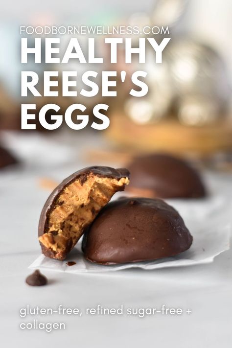 Two healthy peanut butter and chocolate eggs, one with a bite out of it. Reese Eggs, Reese Peanut Butter Eggs, Health Benefits Of Collagen, Peanut Butter Eggs, Gluten Free Egg Free, Peanut Butter And Chocolate, Healthy Peanut Butter, Wellness Recipes, Reeses Peanut Butter