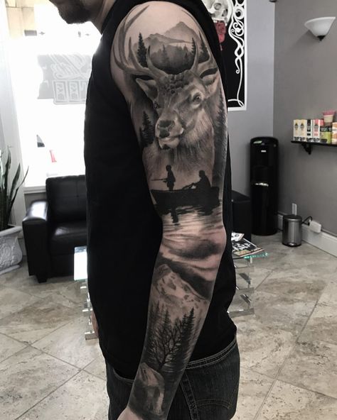 Black and grey realism custom PNW hunting elk fishing father son outdoors camping mountain forest sleeve tattoo, by Aaron Carey Tattoos For Hunters, Wildlife Tattoos For Men, Tattoo Pocket Watch, Deer Hunting Tattoos, Natur Tattoo Arm, Tatu Baby, Deer Tattoo Designs, Scottish Tattoos, Indian Tattoos