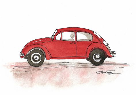 Arte Hippy, Punch Buggy, Red Punch, Monday Inspiration, 수채화 그림, Car Drawings, Red Car, Watercolor Print, Love Art