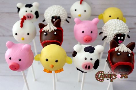 Farm Animal Cake Pops, Farm Animal Cake, Animal Cake Pops, Barnyard Cake, Farm Animal Cakes, Custom Cake Pops, Cow Baby Showers, Farm Theme Birthday, Farm Themed Birthday Party