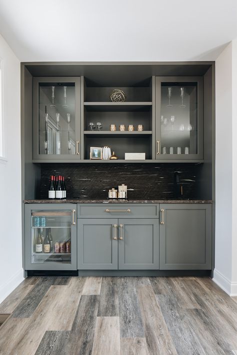 Wet Bar Ideas With Refrigerator, Rec Room Cabinet Ideas, Wine Fridge Built In, Built In Buffet With Wine Fridge, Dry Bar With Fridge, Basement Wet Bar With Full Size Fridge, Gray Wet Bar, Wet Bar Ideas In Living Room Built Ins, Dry Bar With Wine Fridge