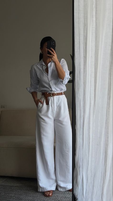 Tommy Hilfiger shirt & Other Stories trousers Summer Trousers Outfits, Trouser Shorts Outfit, Tommy Hilfiger Outfits Women, Cream Trousers Outfit, White Trousers Outfit, Tommy Hilfiger Outfits, Spring Office Outfits, Trousers Women Outfit, Corporate Girly