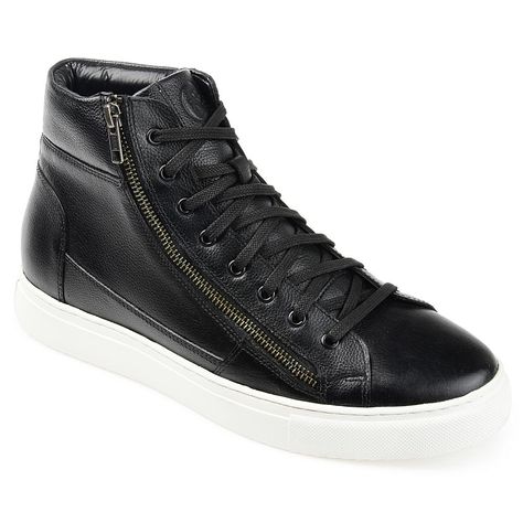 Thomas & Vine Men's Xander Leather High Top Sneaker A sneaker that is easy to pull-on even on your busiest days, the Xander. This high-top design by Thomas & Vine features a lace-up detail at the vamp for a classic look and a zipper at the side for easy entry. Crafted with genuine leather uppers and grounded by a 4 mm Comfort Foam insole paired with an EVA outsole.        Lace-up, Round Toe      Heel Height:1-inch     Heel Type: Sole      Platform Height:1-inch     Shaft Height:5 inches     Top Thomas Vines, Black High Top Shoes, High Top Sneaker, Leather High Tops, Shoe Carnival, Round Toe Heels, Eva Sole, Top Design, Sneakers Online