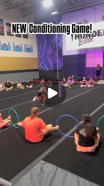 Thunder Elite All-Stars on Instagram: "Athletes start by running around the circle! When the coach blows the whistle the two athletes race to the center of the circle through the closest hula hoop to get to the roller! First to get the roller wins!! #tumblingclass #conditioninggames #tumbling #gymnastics #elitecheer #cheerleading" Hula Hoop Games, Gymnastics Games, Tumbling Gymnastics, Gym Games, Physical Activities For Kids, Gymnastics Training, Games For Teens, Spirit Week, Hula Hoop