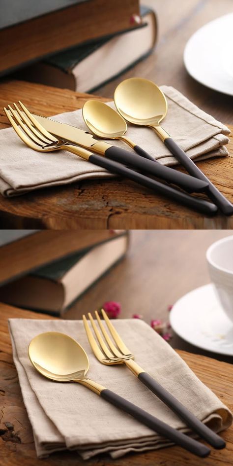 Black Silverware Aesthetic, Black And Gold Cutlery Table Setting, Black And Gold Cutlery, Elegant Cutlery, Matte Black Plates Gold Silverware, Gold Silverware, Black Cutlery, Gold Table Setting, Cutlery Sets