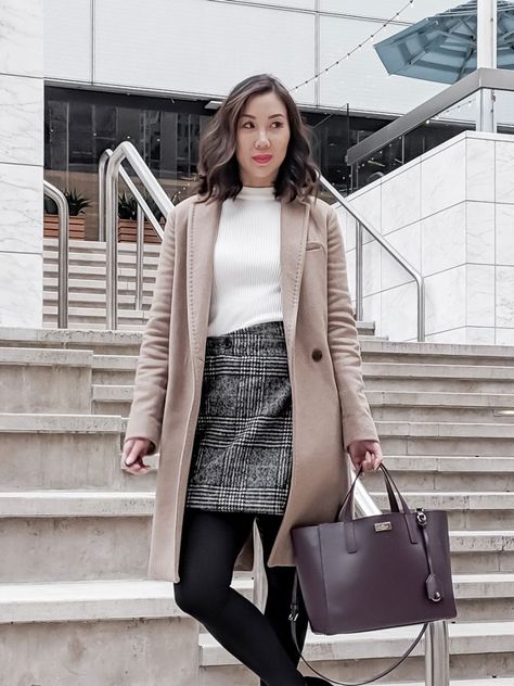 Work wear OOTD - Tan wool coat Aritzia, checkered skirt, black ankle boots Ankle Boots Skirt, Outfits For The Office, Tan Wool Coat, Workwear Outfits, Bright Colored Outfits, Best Winter Outfits, Fashion Blogger Outfit, Checkered Skirt, Office Chic