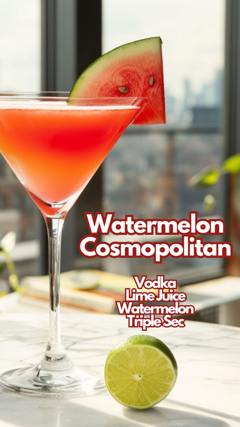 Watermelon Cosmopolitan Watermelon Cosmopolitan, Watermelon Drinks With Alcohol, Watermelon Juice Cocktail, Watermelon Cocktail Vodka, Refreshing Summer Drinks Alcohol, Watermelon Alcoholic Drinks, Watermelon Recipes Drinks, Watermelon Cocktails, Triple Sec Cocktails