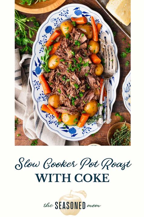 This easy slow cooker pot roast with Coke comes from our neighbors, who make it a regular post-church meal on Sunday afternoons. The unique combination of Coca Cola, onion soup seasoning mix, potatoes, carrots, onions, and herbs results in tender, flavorful, and succulent shredded beef. Pot Roast With Coke, Coke Roast, Easy Slow Cooker Pot Roast, Soup Seasoning, Slow Cooker Pot Roast, Chuck Roast Recipes, Slow Cooker Recipes Beef, Potatoes Carrots, Pot Roast Slow Cooker