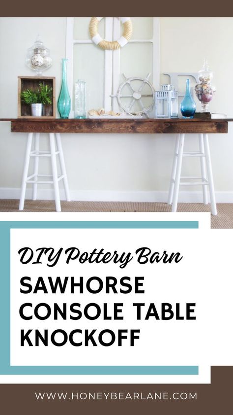 Looking for an expensive looking console table without breaking the bank? Let's recreate a $500 Pottery Barn console table for under $20! With a couple of bar stools and some lumber, you can create something stunning and functional for your home. Time to get crafty! Outdoor Console Table Diy, Diy Console Table Behind Couch, Pottery Barn Console Table, Diy Projects To Make And Sell, Diy Console Table, Outdoor Console Table, Diy Pottery, Sofa Table, The Bank