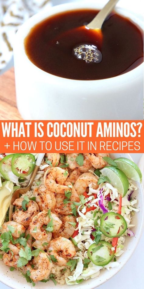 Coconut aminos is a gluten free and soy free, low sodium sauce with a rich umami flavor. Use it as a condiment, in stir-fries, soups, salad dressings or sauces! It's the perfect substitute for… Substitute For Soy Sauce, Plant Based Bowls, Seafood Bowl, Vegan Whole 30, Gluten Free Bowl, Soy Sauce Substitute, Gluten Free Sauces, Healthy Sauces, Quinoa Bowls