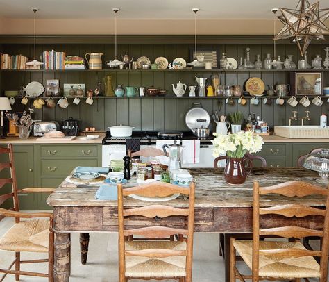 Rita Konig's English Farmhouse Green Kitchen Cabinetry Rita Konig Farmhouse, British Farmhouse Kitchen, Rita Konig Kitchen, British Kitchen Design English Country, British Farmhouse, British Kitchen Design, Farmhouse Green, Rita Konig, English Farmhouse