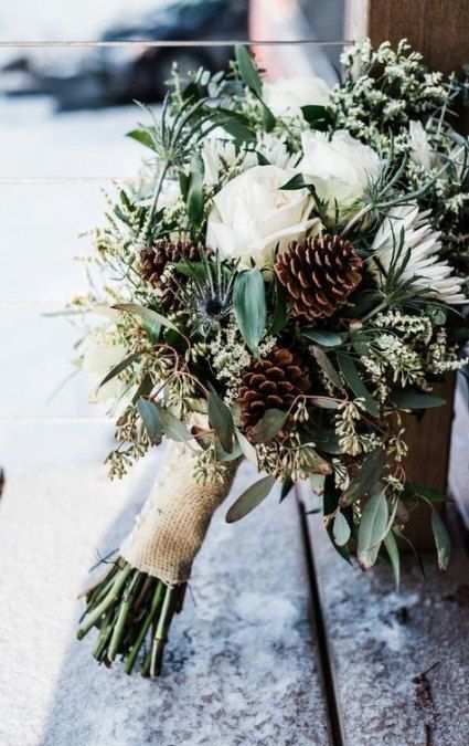 Christmas Wedding Bouquets, Rustic Winter Wedding, Winter Wedding Bouquet, Flowers And Greenery, Winter Bouquet, Winter Wedding Decorations, Winter Wedding Flowers, December Wedding, Winter Bride