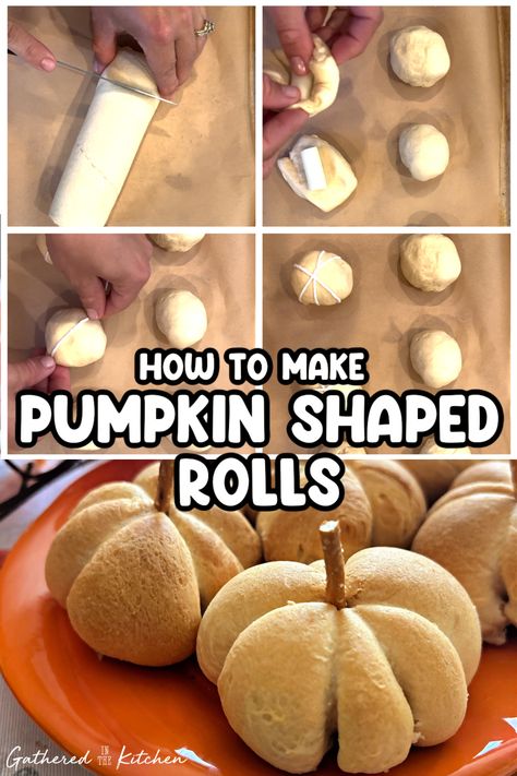 How To Make Pumpkin Shaped Rolls | Gathered In The Kitchen Crescent Roll Pumpkin Rolls, Crescent Roll Shapes, Pumpkin Shaped Dinner Rolls Easy, Turkey Shaped Rolls, Pumpkin Shaped Rolls, Pumpkin Shaped Bread, Pumpkin Roll Recipe Easy, Pumpkin Appetizers, Thanksgiving Meal Plan