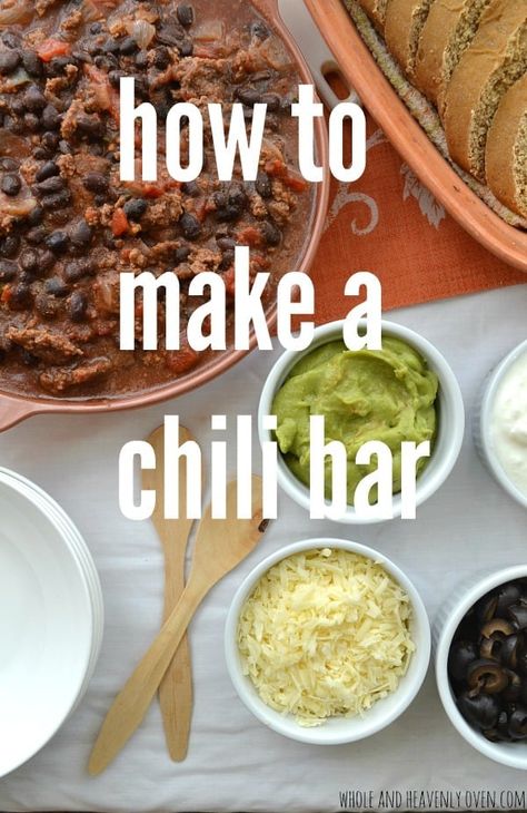 Chili Dinner Party Ideas, Chili Toppings Bar Ideas, Chili Sides Ideas, Chili Dinner Party, Chili Dinner Ideas, Chili Bar Party, Halloween Chili, Taco Chips, Winter Wonderland-party