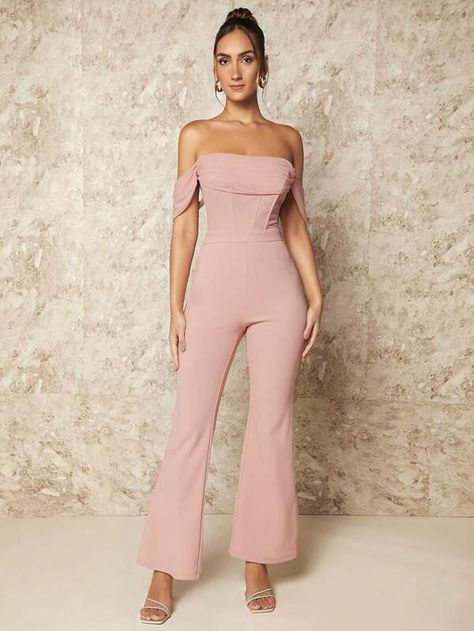 Baby Pink Jumpsuit, Flare Leg Jumpsuit, Tinted Glasses, Pink Jumpsuit, Office Fashion, Baby Pink, Jumpsuits For Women, Knitted Fabric, Off Shoulder