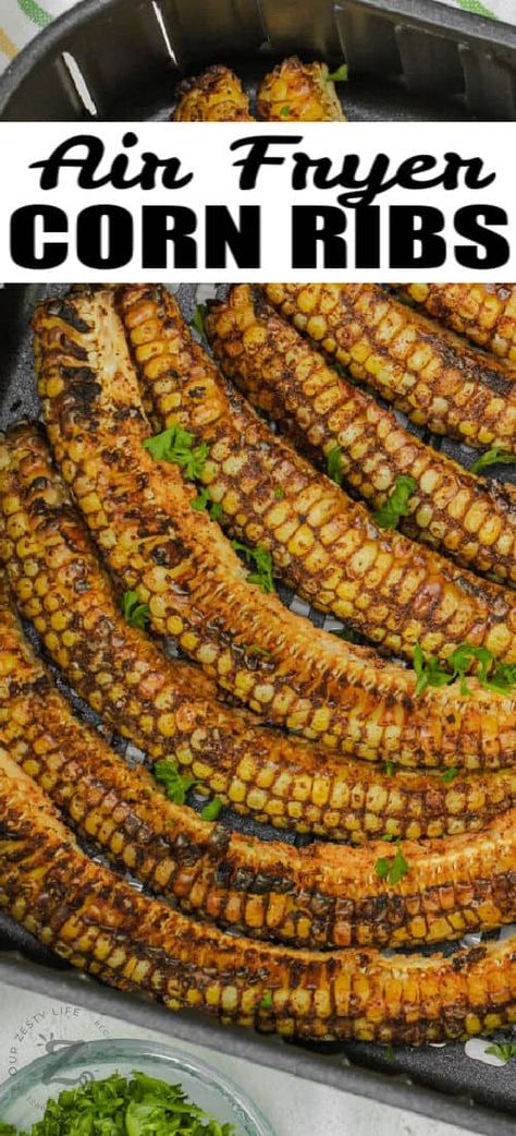 Game time, showtime, or party time, Air Fryer Corn Ribs are as much fun to make as they are to eat! Air fried to sweet corn perfection, these tasty appetizers are sure to be a new favorite. #ourzestylife #airfryercornribs #cornribsrecipe #cornriblets #appetizers #recipe #easysnacks #airfryerappetizers #countyfairfavorite #kidssnacks #partysnacks #crowdfavoritesnacks #timesavingappetizers Corn Riblets, Corn Ribs Recipe, Corn Appetizers, Mexican Elote, Cojita Cheese, Fried Corn Recipes, Air Fryer Corn, Corn Ribs, Grilled Sweet Corn