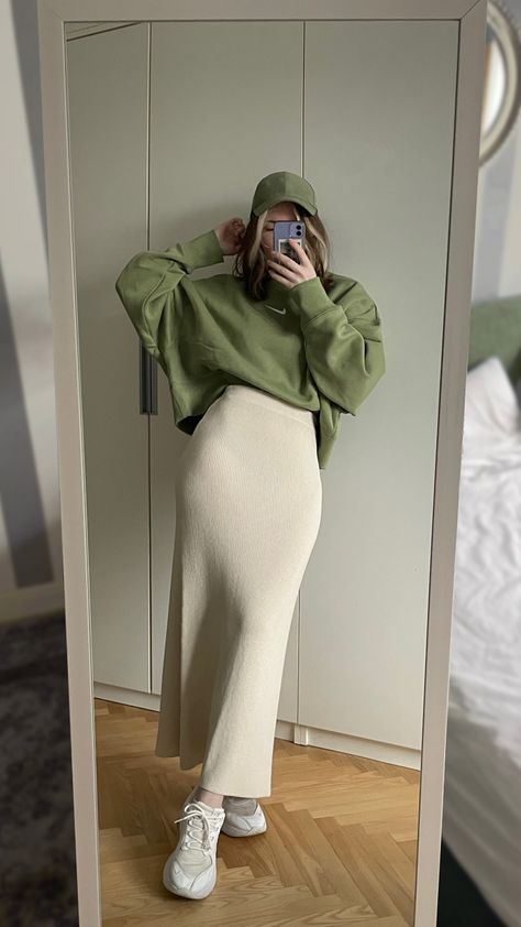 Aesthetic Outfits With Skirts Winter, Sage Green Fashion Aesthetic, White And Sage Green Outfit, Sage Green Long Skirt, Green Midi Skirt Outfit Aesthetic, Green Wardrobe Aesthetic, Maxi Cream Skirt Outfit, Off White Skirt Outfit Winter, Green Winter Outfits Aesthetic