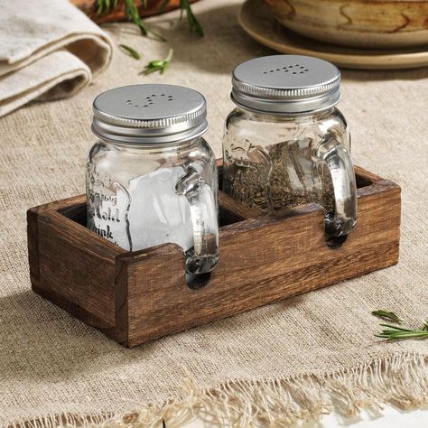 Mason Jar Salt and Pepper Shaker - Vintage Glass Condiment Dispenser Set with Wooden Holder Caddy - Farmhouse Kitchen Decor, Easy Refill 5-ounce Capacity with Stainless Steel Lids #affiliatelink Mason Jar Wedding Decor, Salt And Pepper Holder, Condiment Dispenser, Mason Jar Centerpieces, Salt And Pepper Set, Farmhouse Kitchen Decor, Farmhouse Chic, Wooden Tray, Salt And Pepper Shaker