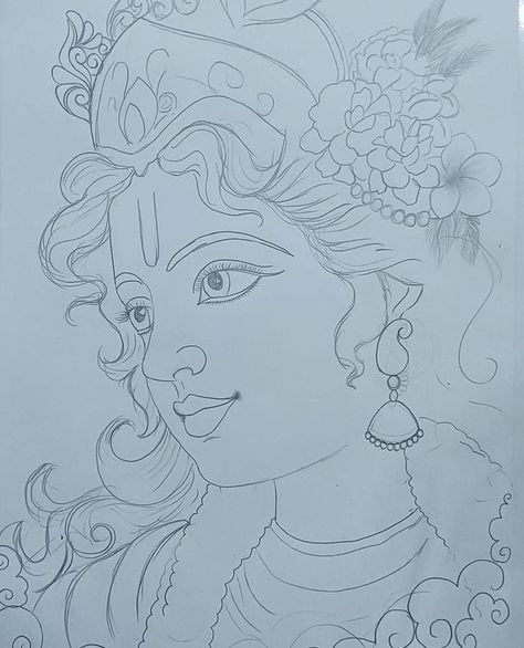 Pencil Art Drawings Krishna, Kanha Ji Drawing Easy, Shri Krishna Drawing Easy, Radha Ji Painting, Mural Pencil Drawing, How To Draw Krishna, Radha Drawing Easy, Radha Krishna Art Pencil Sketch, Krishna Ji Drawing Easy