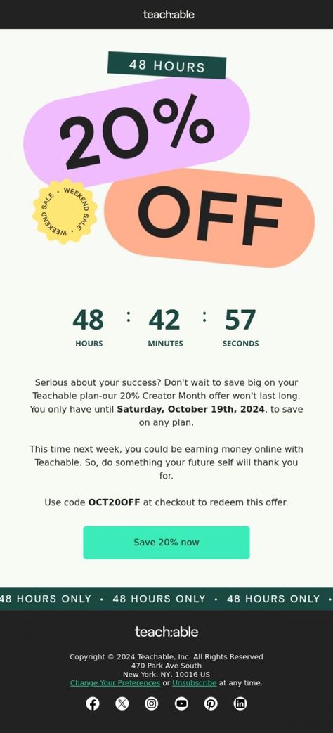 Best Email Design Inspiration and ideas | Teachable - 🚨 Your Creator Month discount is here Last Chance Email, Product Email Design, Marketing Email Design, Neon Swim, Html Email Design, Email Marketing Design Inspiration, Email Design Inspiration, Email Marketing Design, Marketing Email