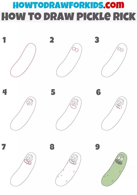 How to Draw Pickle Rick - Easy Drawing Tutorial For Kids Rick And Morty Doodles Easy, Easy Rick And Morty Drawing, How To Draw Rick And Morty Step By Step, Rick And Morty Drawing Easy, Diy Rick And Morty Crafts, Rick Drawing Easy, Easy Rick And Morty Painting, How To Draw Rick And Morty, Pickle Rick Drawing