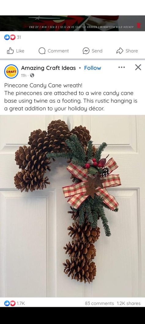 Pinecone Candy Cane, Pinecone Candy Cane Wreath, Pinecone Crafts To Sell, Candy Cane Wreath Diy, Diy Pinecone, Cone Crafts, Candy Cane Wreath, Country Christmas Decorations, Cones Crafts