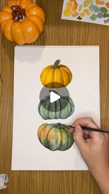 Cutie Pumpkins, Adding Pockets, Pumpkins Watercolor, Ready For Autumn, Watercolor Pumpkin, Step By Step Watercolor, Green Pumpkin, Watercolor Pumpkins, Fall Watercolor