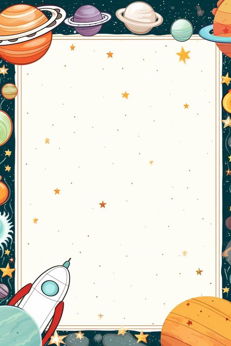 space rocket, planets, page for kids, for notebook, journal or workbook Space Theme Page Border, Space Border Design, Space Theme Background, Planet Background, Butterfly Watercolor Painting, Hearts Paper Crafts, Tata Surya, Space Watercolor, Education Poster Design