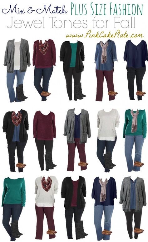 Mix & Match Plus Size - Jewel Tones Kohl's Jewel Tone Dresses, Plus Size Capsule Wardrobe, Big Size Outfit, Mode Tips, Plus Size Fall Fashion, Hipster Grunge, Look Plus Size, Plus Size Fall, Dresses Plus Size