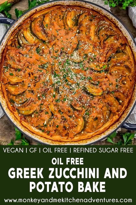 Greek Zucchini, Vegan Zucchini Recipes, Monkey And Me Kitchen Adventures, Monkey And Me, Oil Free Vegan Recipes, Potato Bake, Vegan Zucchini, Plant Based Dinner, Vegan Potato