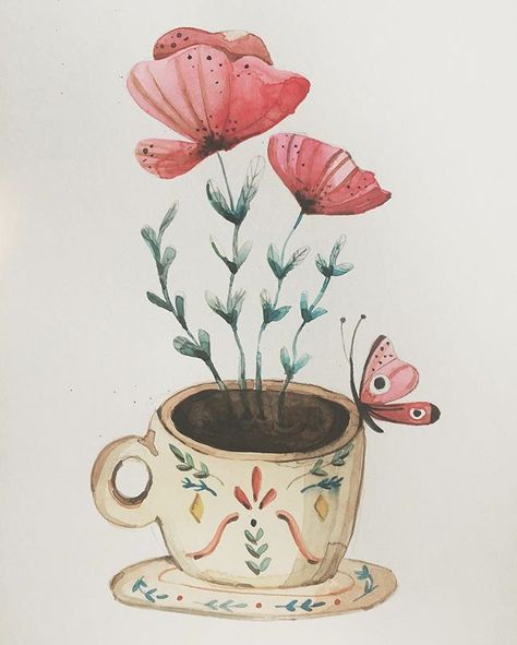 Teacup Drawing, Tea Cup Painting, Teacup Painting, Teacup Illustration, Tea Cup Drawing, Diy Watercolor Cards, Girly Wall Art, Diy Watercolor Painting, Diy Watercolor